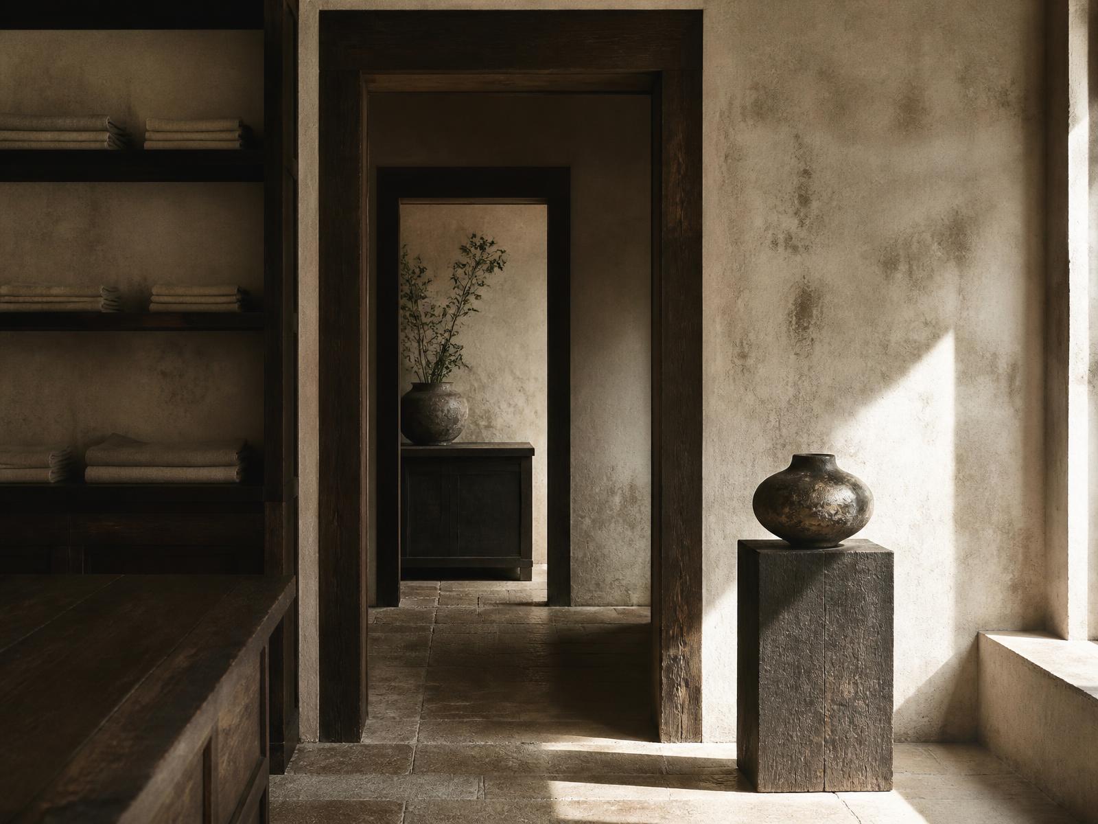 A quiet plaster and timber interior at The Settlement